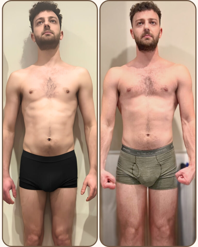 Alberto mi ha chiesto di mettere su volume in quanto troppo magro. Da una foto all’altra ha guadagnato 7 kg di massa magra.
